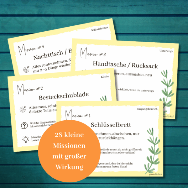 4 Karten mit Anweisungen zum Ausmisten (Minimalismus)