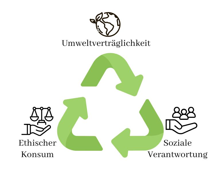 quasinatuerlich_bewusster-konsum-aspekte Aspekte für bewussten Konsum, gruppiert um ein Symbol für Nachhaltigkeit.